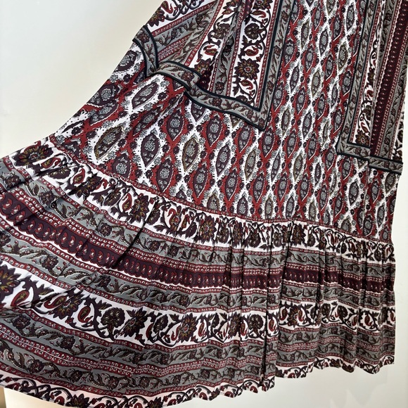 NEW Frye Boho Cottage brown paisley V-neck long sleeve pleated retro maxi dress - Picture 5 of 16